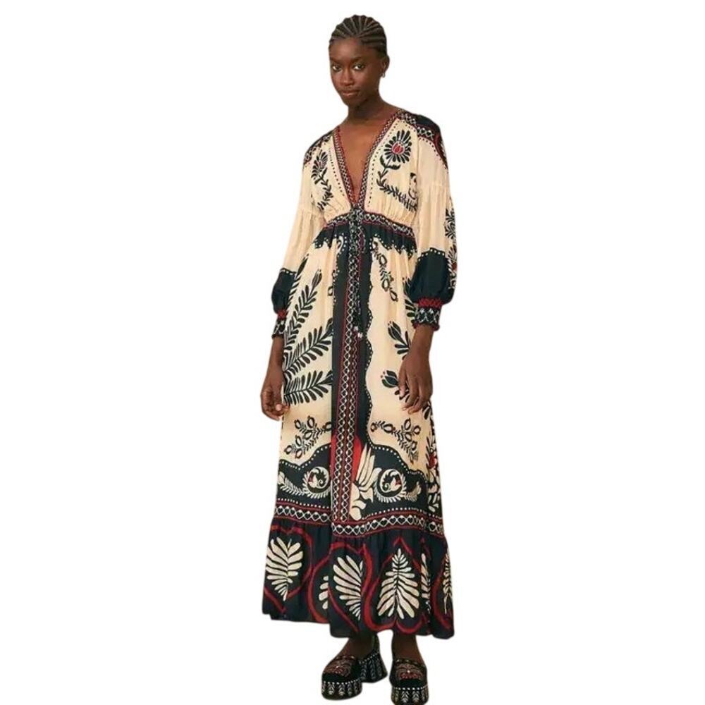 Farm Rio Women's Passion Scarf Black Maxi Dress Green/Cream Women’s Size M NWT - Picture 3 of 16